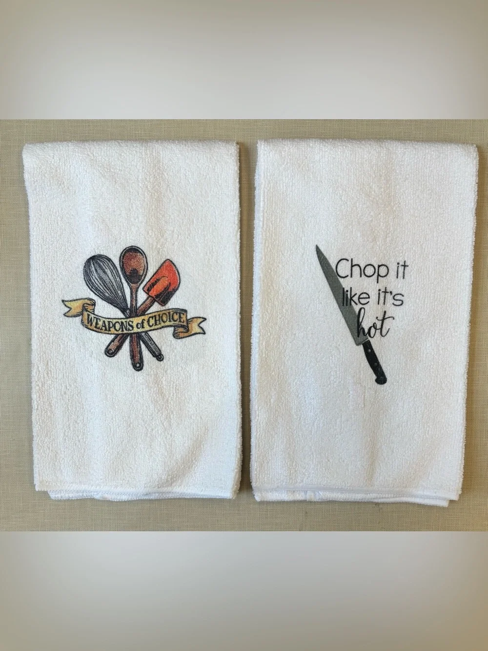 NEW Set of 2 Kitchen Towels with Utensil & Knife Designs - White